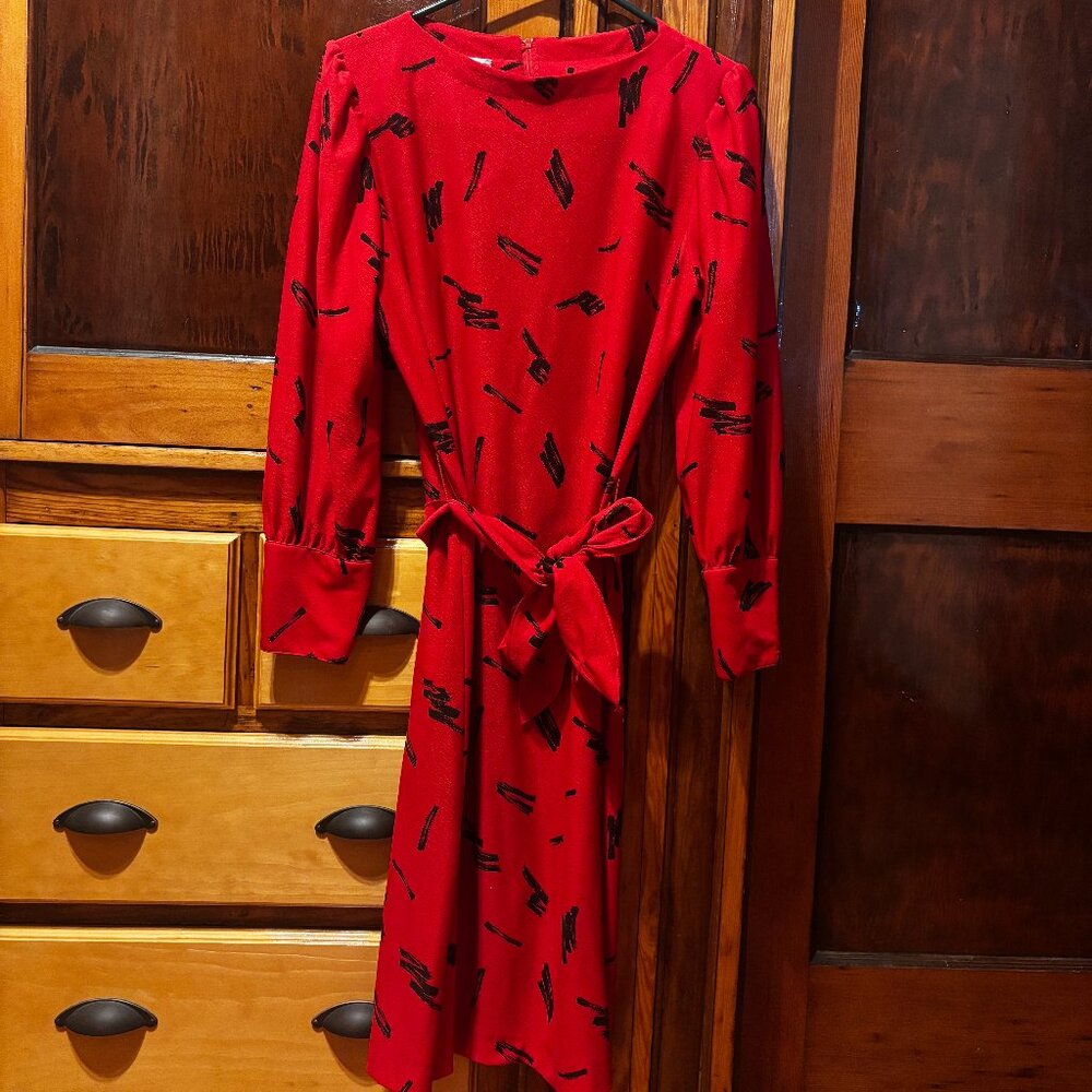 Vintage California Looks Dress Red and Black w/ Matching Fabric Tie Size Medium
